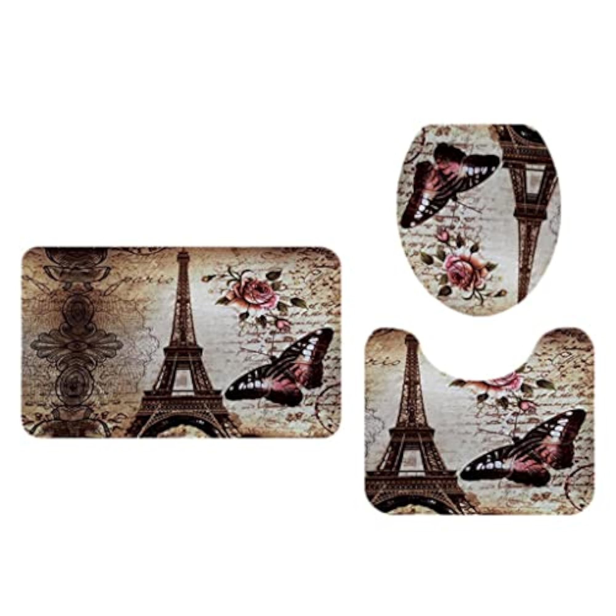 3 Pcs Eiffel Tower Bathroom Rug Set, Landscape Pattern
